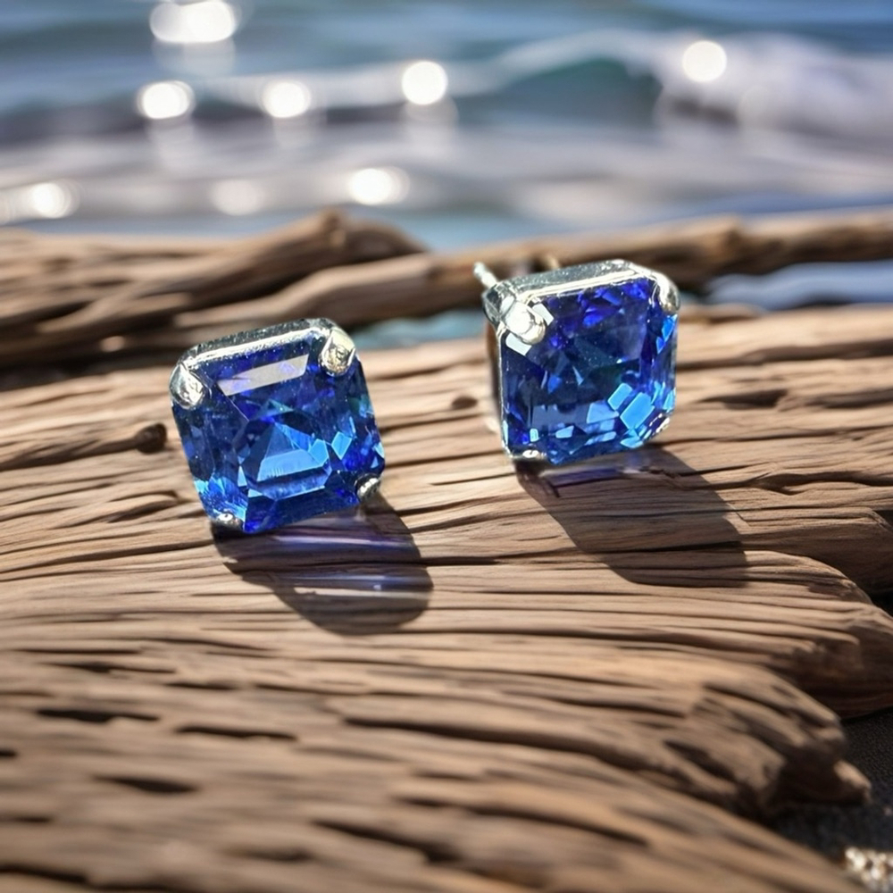 Sapphire Blue Crystal Stud Earrings - Picture 4 of 4